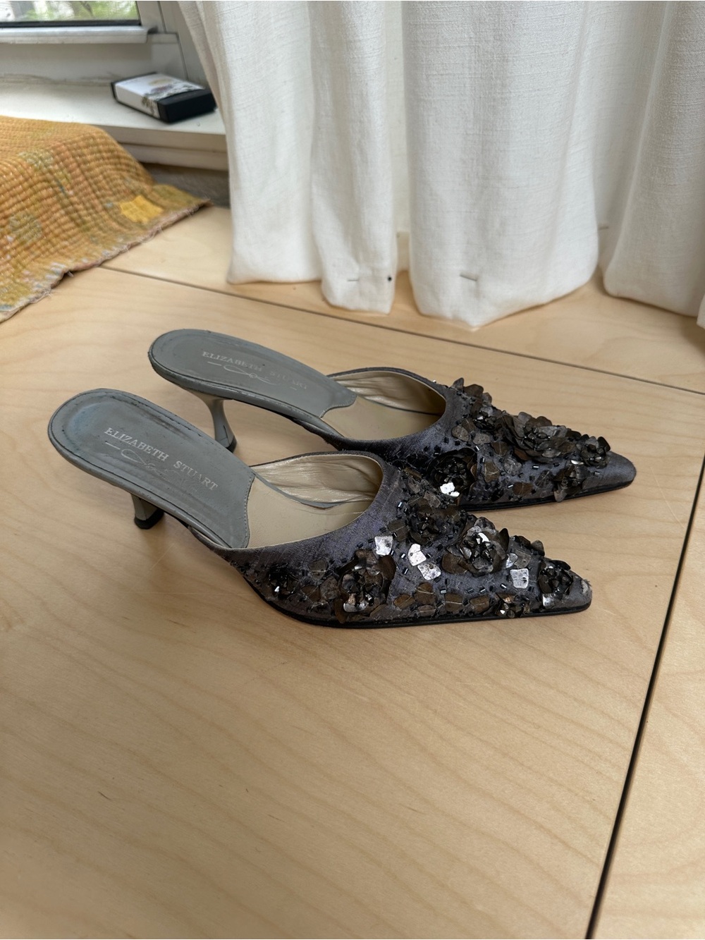 Gray Embellished Pointed-Toe Mules